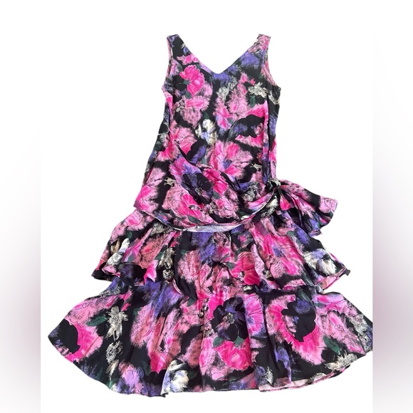 Vintage 80s Drop Waist Ruffle Dress Floral Pink Black Purple All That Jazz - Picture 4 of 6